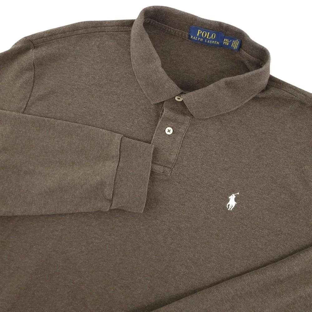 Polo Ralph Lauren Long Sleeve Polo Shirt Mens 2XL Brown Solid Cotton Pony Logo